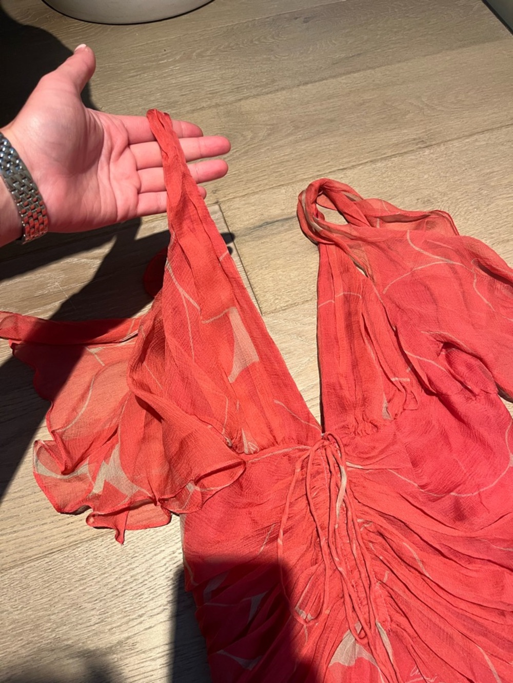 Gucci Coral Red Sheer Ruched Silk Dress - Picture 9 of 9